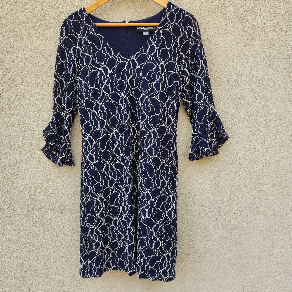 KARL LAGERFELD Paris Women's Dress Size 8 Blue Embroidered Lined Flutter Sleeve